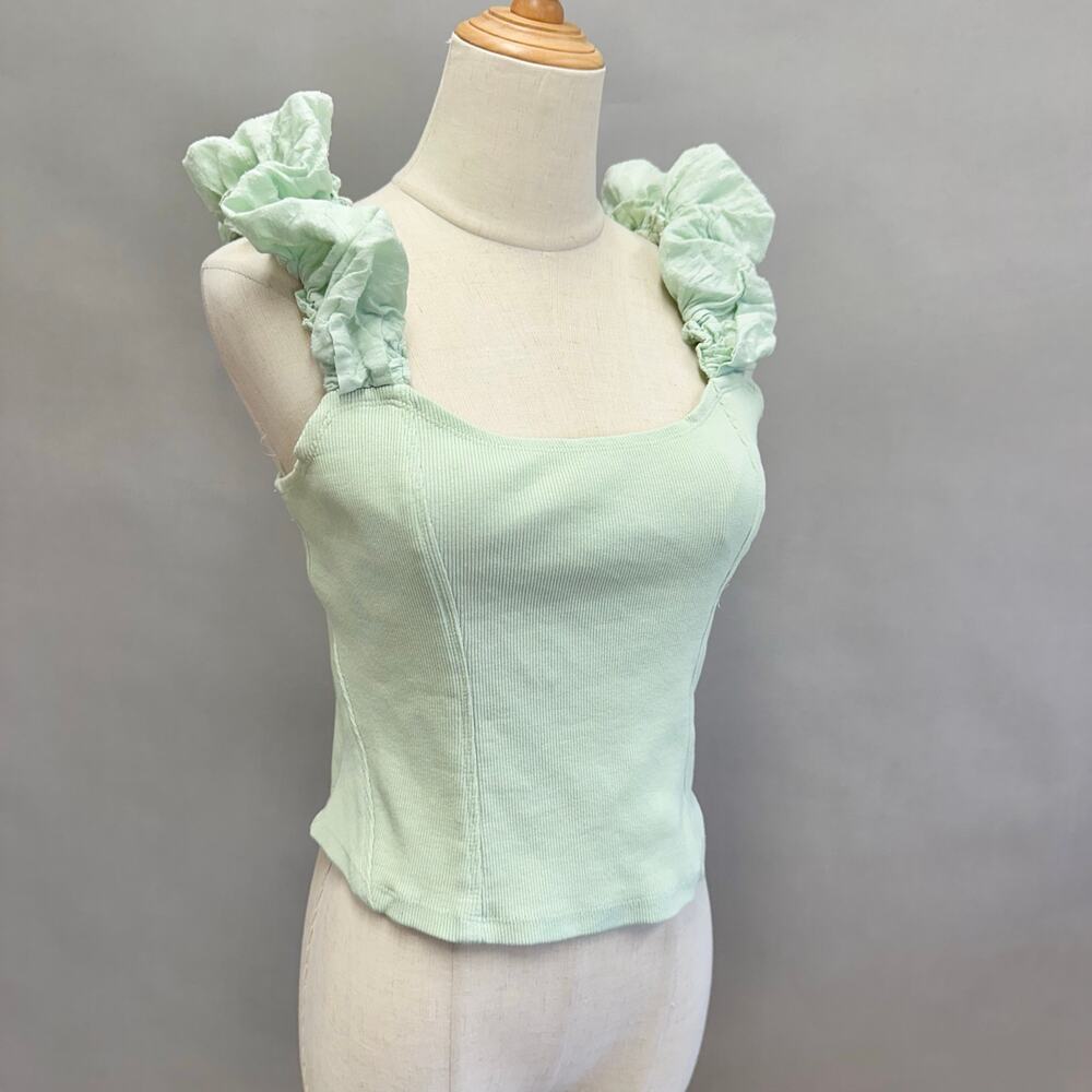 Anthropologie mint ribbed corset crop tank ruffle statement strap size‎ medium